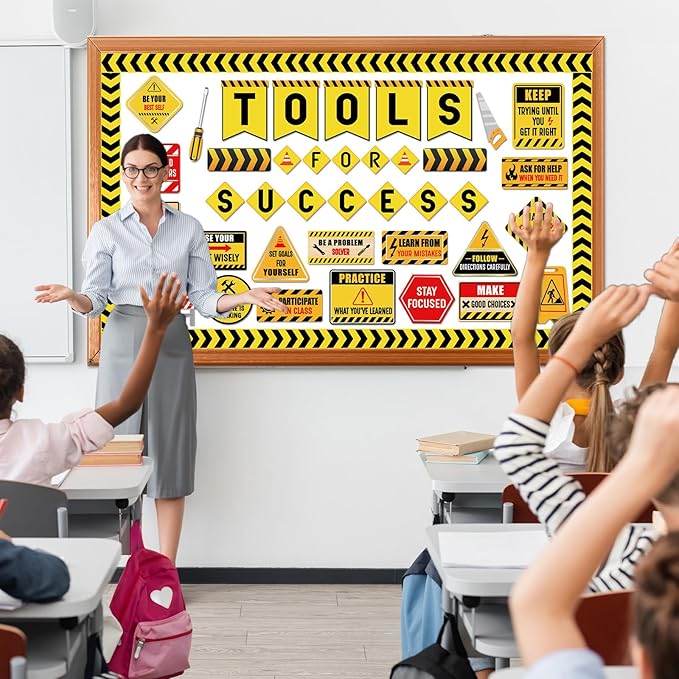 gisgfim Construction Bulletin Board Decorations Tools for Success Classroom Positive Saying Paper Cutouts Motivational Sign Bulletin Board Set for Teacher Student Welcome Back to School Decor Supplies