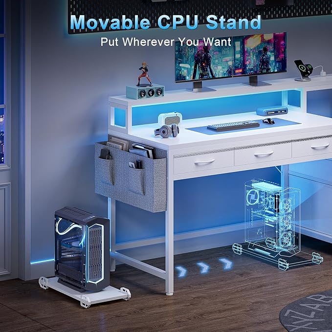 REAHOME 61 Inch Gaming Desk with Charging Station and LED Lights, Reversible Computer Desk with Storage Drawer and Monitor Stand, Modern Desk Table with File Cabinet & Side Pocket, Carbon Fiber White