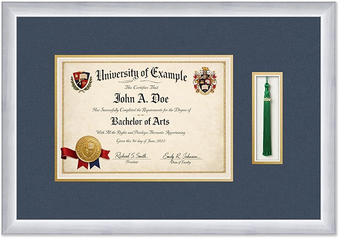 CountryArtHouse Diploma and Tassel Frame Fits 11.69 x 8.27 A4 Certificate with Tasse Stainless Silver Genuine Hardwood Shadowbox with Navy Blue Over Metallic Gold Double mat