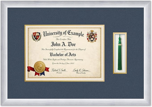 CountryArtHouse Diploma and Tassel Frame Fits 11.69 x 8.27 A4 Certificate with Tasse Stainless Silver Genuine Hardwood Shadowbox with Navy Blue Over Metallic Gold Double mat