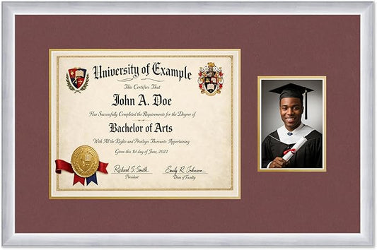 CountryArtHouse Fits 14 x 11 College Diploma (Modern) and 5 x 7 Photo Diploma and Photo Frame Stainless Silver Genuine Hardwood with Dark Red Over Metallic Gold Double mat
