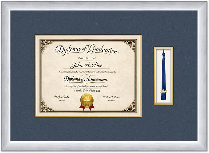 Diploma Frame with Tassel Holder 21.25 x 15.5 Stainless Silver Shadowbox Navy Blue Over Gold Mat - Fits 11 x 8.5 Degree Made in the USA