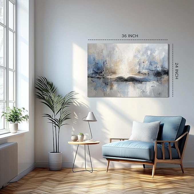 XRZ Abstract Wall Art – Blue and Beige Scripture Canvas – Christian Wall Decor for Living Room Bedroom Office – 36x24 Inch