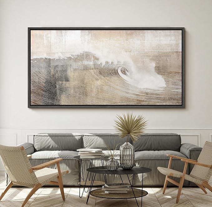 SIGNFORD Extra Large Framed Canvas Neutral Ocean Wave Abstract Illustrations Modern Art Calm Warm for Living Room, Bedroom, Office - 60"x30"