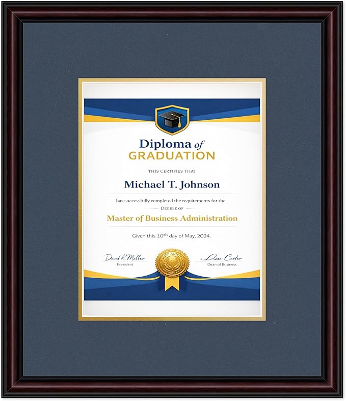 Diploma Frame Executive Brown with Navy Blue Over Gold Double Mat - Fits 8.5 x 11 Certificate (Portrait) Wall Display Made in the USA