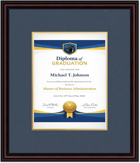 Diploma Frame Executive Brown with Navy Blue Over Gold Double Mat - Fits 8.5 x 11 Certificate (Portrait) Wall Display Made in the USA