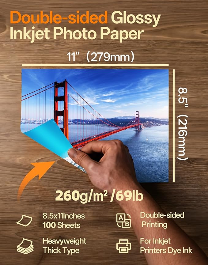 Uinkit Thick Photo Paper Glossy Double Sided 100 Sheets 8.5x11 Heavyweight 68lb 260gsm Inkjet Both Sides Printable 11.8mil A4 Letter size Flyer Bulk Pack 8.5 x 11 Card paper postcard postal A189 (100)