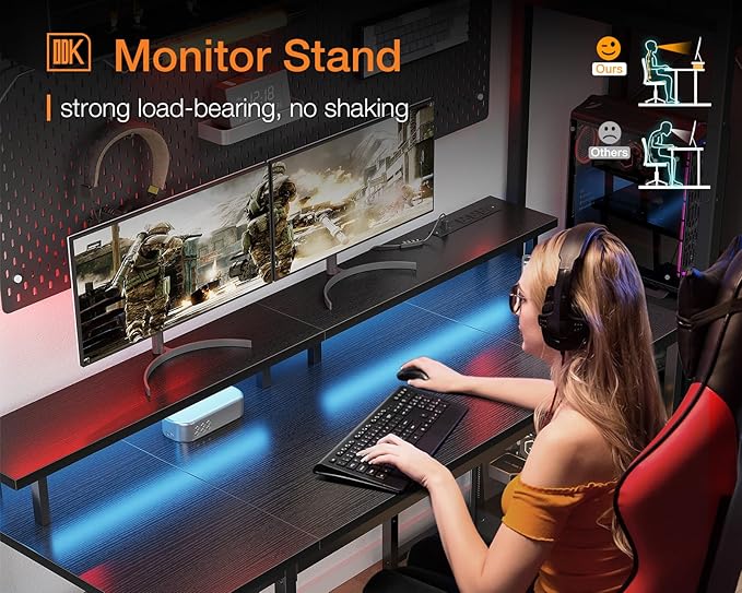 ODK 55 inch Gaming Desk with LED Lights & Power Outlets, Computer Desk with Monitor Stand & Storage Shelves, CPU Stand, Home Office Desk, Black