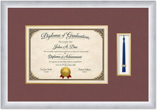 Diploma Frame with Tassel Holder 21.94 x 15.27 Stainless Silver Shadowbox Dark Red Over Gold Mat - Fits 11.69 x 8.27 Degree Made in the USA