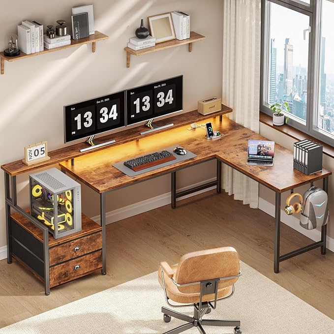 Furologee 66" L Shaped Computer Desk with Power Outlet & LED Lights, Reversible Corner Home Office Desk with 2 Drawers & Storage Shelves for Gaming, Large PC Table with Monitor Stand, Rustic Brown