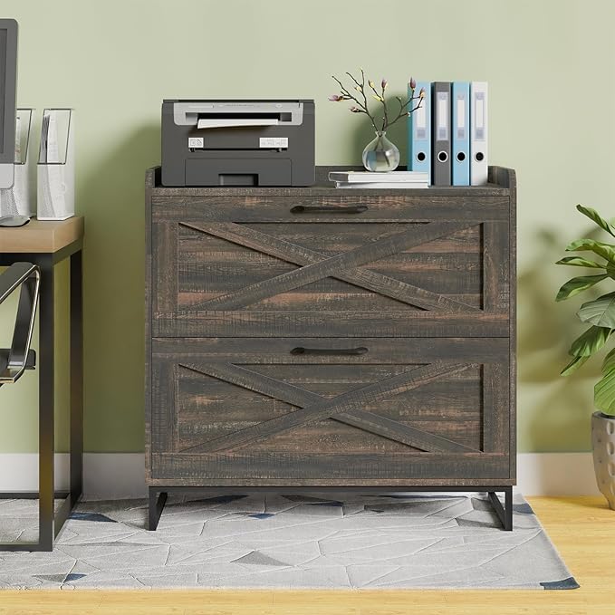 2 Drawer Lateral File Cabinet, Filing Cabinet with Charging Station for Letter/Legal/A4 Size Hanging Files, Modern Farmhouse File Cabinet for Home Office, Printer Stand with Storage, Dark Rustic Oak