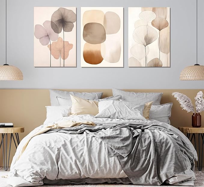 3pcs Neutral Beige Wall Art Abstract Botanical Canvas Prints Modern Simple Flower Paintings Poster Wabi-sabi Geometric Wall Decor Boho Plant Pictures For Bedroom living room Framed