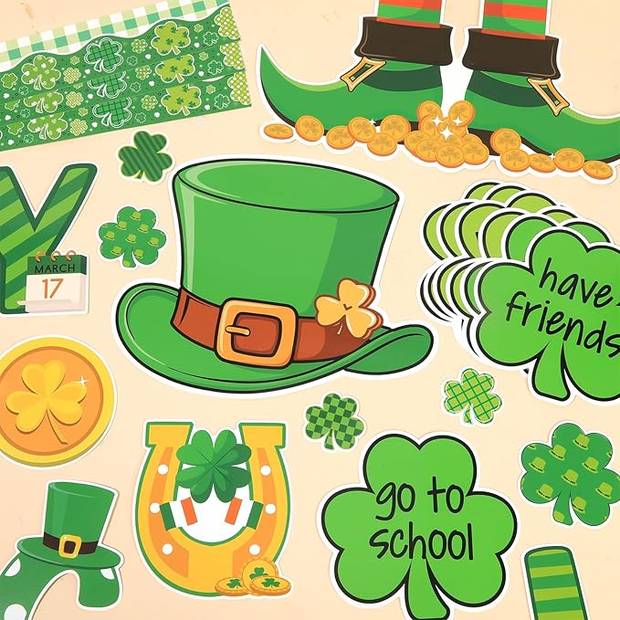 St. Patrick's Day Bulletin Board Set Inspirational Shamrock Classroom Decoration Lucky Shamrock Bulletin Board Leprechaun Gold Coin Cutouts for Irish Holiday Classroom Nursery Chalkboard Wall Decor