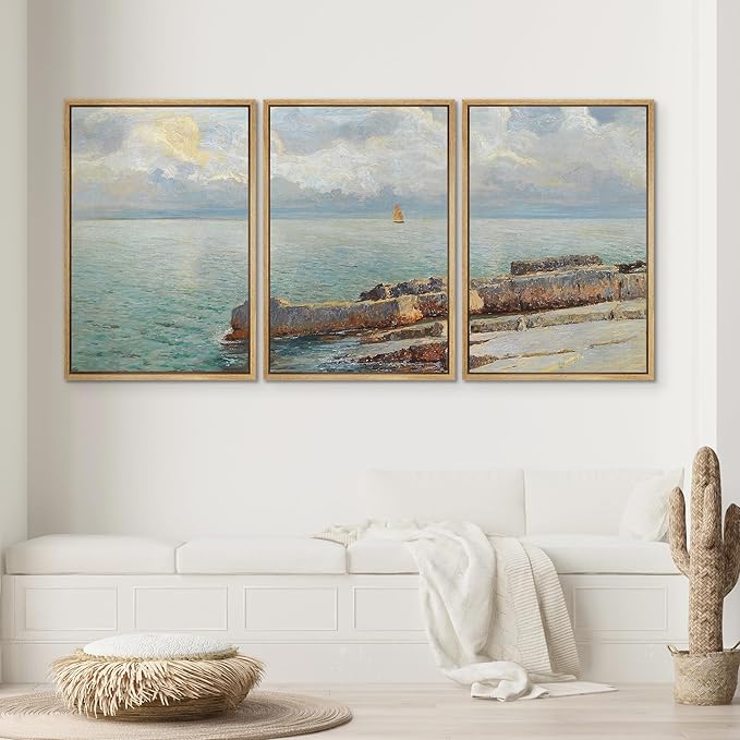 SIGNWIN Framed Canvas Print Wall Art Set Coastal Seascape Classic Ocean View with Sailboat and Rocky Shoreline Illustrations Modern Art Decorative for Living Room, Bedroom, Office - 16"x24"x3 Natural