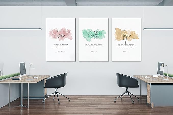 SHMAO Bible Canvas Wall Art Motivational Wall Decor, 3 Piece Love Faith Hope Canvas Print Pictures for Office Wall Decor Women Inspirational Framed Artwork Home Office Decor 24”x36”x3 Panels