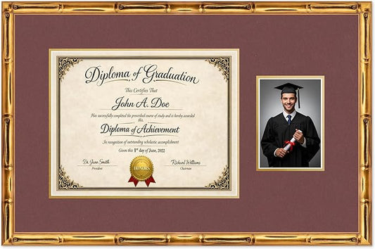 Diploma Frame With Photo Opening Gold Bamboo Dark Red Over Gold Mat - Fits 14 x 11 Degree and Picture Made in the USA