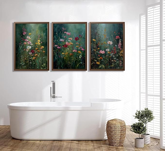 3Pcs Dark Green Floral Canvas Wall Art Moody Wildflowers Poster Prints Vintage Nature Rustic Botanical Flowers Pictures for Bedroom Living Room Office Bathroom Wall Decor 12x16in Unframed