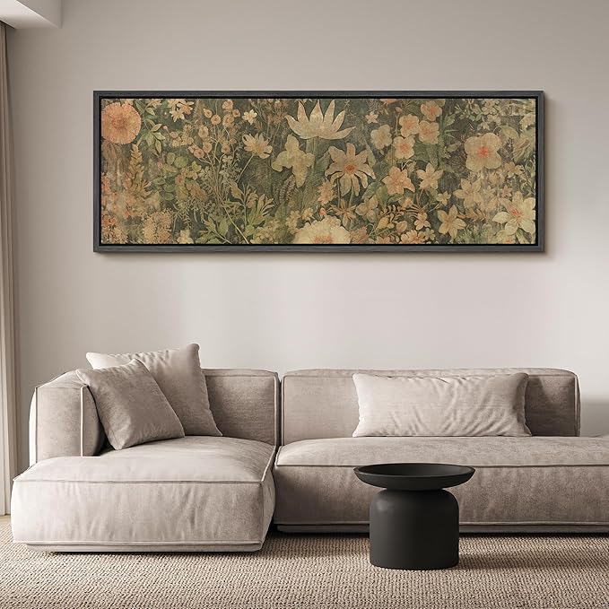 SIGNFORD Large Framed Canvas Botanical Garden in Muted Earth Tones Vintage Floral Illustrations Modern Art Calm Warm for Living Room, Bedroom, Office - 60"x20"
