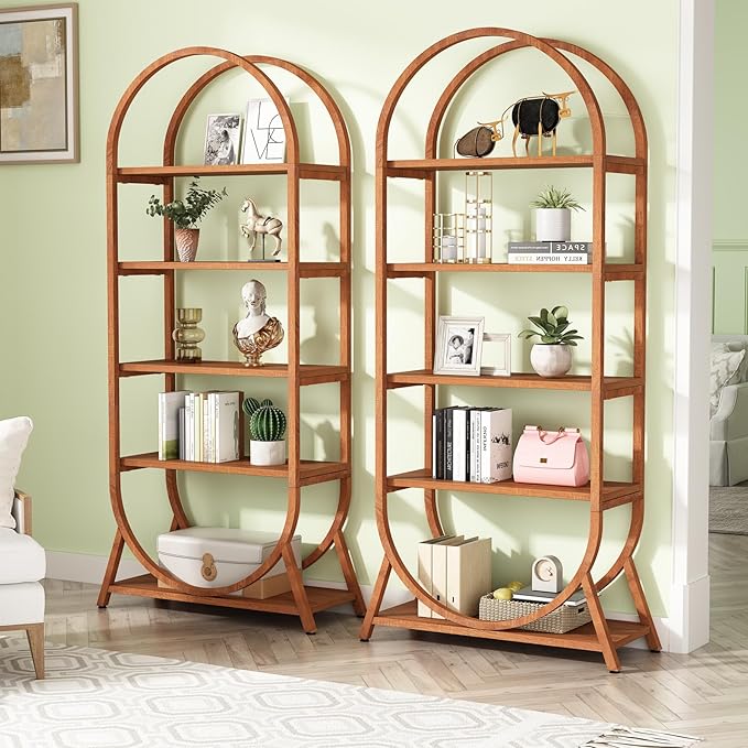 Tribesigns 5-Tier Open Bookshelf, 70.8" Tall Arched Bookcase, Modern Brown Storage Bookshelves, Freestanding Display Rack Shelving Unit for Office, Bedroom, Living Room, Easy Assembly (2PCS)