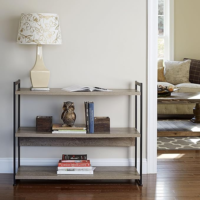 Household Essentials Jamestown Wide 3 Shelf Open Storage Bookshelf Ashwood Rustic Wood Grain and Black Metal