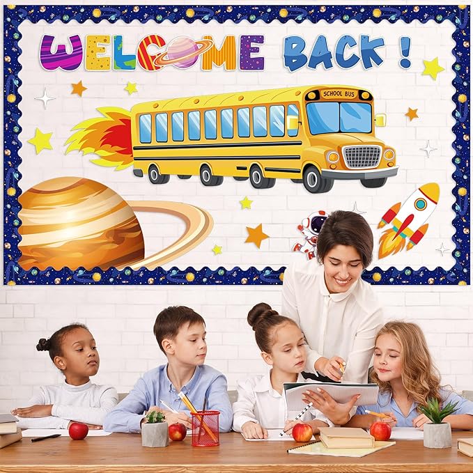 Pajean Outer Space Bulletin Board Welcome Back to School Classroom Decor Space Bus Galaxy Planet Cutouts for Back to School First Day Window Door Wall Elementary Preschool Teacher Supplies