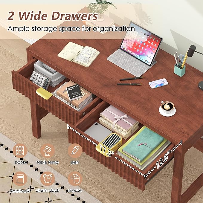 Fluted Computer Desk with 2 Drawers, 39 Inch Small Computer Desk with Storage, Compact Writing Study Desk for Small Spaces, Red Walnut