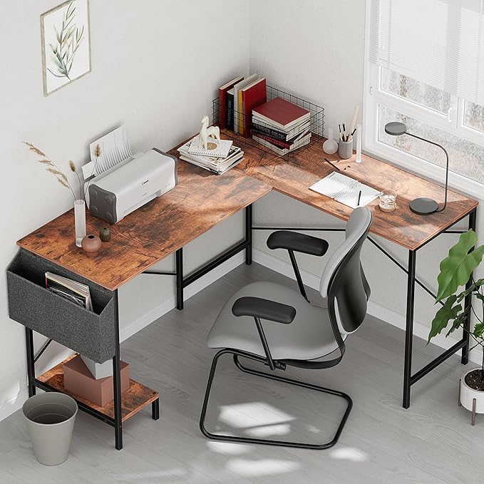 Simple Deluxe L Shaped Desk Gaming Computer 50 Inch Reversible Corner Table PC Work Table for Writing Study Student with Wood Tabletop Metal Frame CPU Stand Side Bag for Home Office Small Place