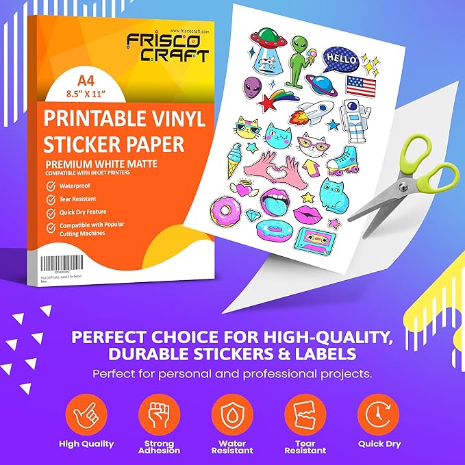Frisco Craft Premium Printable Vinyl Sticker Paper for Inkjet Printers - Matte, 8.5" x 11" (A4) - Water-Resistant, Durable, Easy-Peel Sheets for Custom Labels, Decals, & Stickers (100 Sheets)