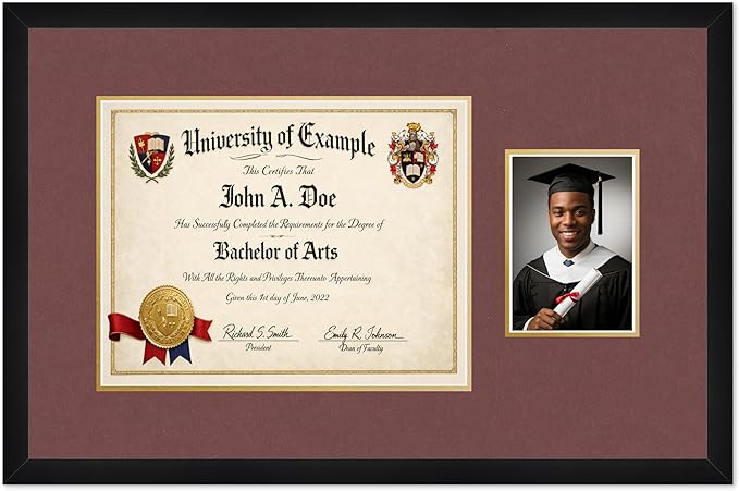 CountryArtHouse Fits 14 x 11 College Diploma (Modern) and 5 x 7 Photo Diploma and Photo Frame Matte Black Genuine Hardwood with Dark Red Over Metallic Gold Double mat