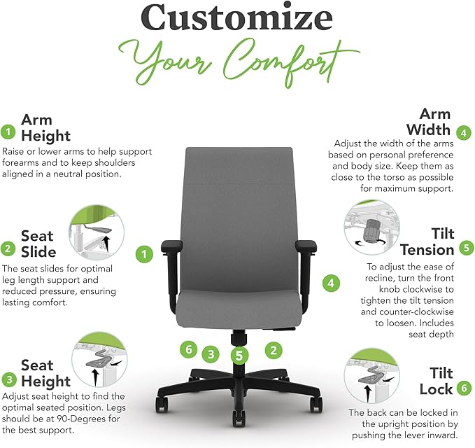 HON Ignition 2.0 Fabric Office Chair, Upholstered, Adjustable Arms, Standard Synchro-Tilt Recline Executive Ergonomic Office Chair, Black Frame, Frost