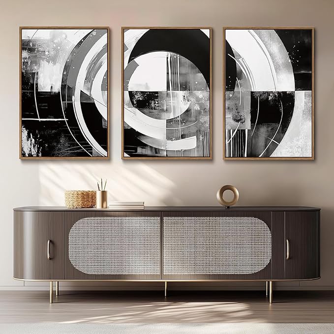 myusuar 3 Piece Large Modern Abstract Canvas Framed Wall Art For Living Room, Black And White Rings Minimalist Wall Art Decor Posters Prints For Bedroom Office, 24x36in