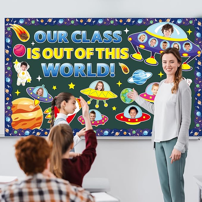 gisgfim Outer Space Bulletin Board Decorations Set Back to School Space Theme Classroom Paper Cutouts Our Class is Out of This World Spacecraft Bulletin Board Decor for Kids School Chalkboard Wall