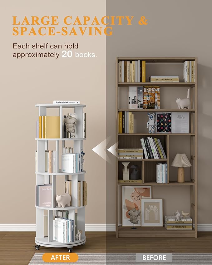 Rotating Bookshelf, 4 Tier Solid Wood Bookshelf Tower with Lockable Wheels, 360° Spinning Revolving Bookcase for Small Spaces, Corners, Bedroom, Kids Room, Home Office, White