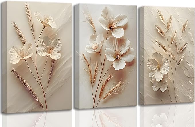 3Pcs Neutral Beige Floral Botanical Canvas Wall Art Modern Simple Texture Flower Plant Painting Picture Wall Decor Vintage Blossom Poster Print Artwork for Living Room Bedroom Bathroom
