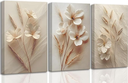 3Pcs Neutral Beige Floral Botanical Canvas Wall Art Modern Simple Texture Flower Plant Painting Picture Wall Decor Vintage Blossom Poster Print Artwork for Living Room Bedroom Bathroom