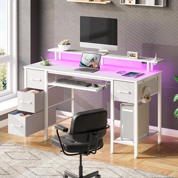 Seventable White Computer Desk with Drawers, Gaming Desk with Keyboard Tray, Office Desk with LED Lights & Power Outlets, 47 inch Writing Desk with Monitor Stand for Small Space