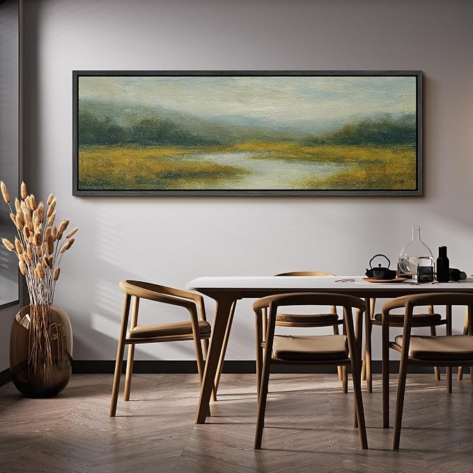 SIGNFORD Large Framed Canvas Misty Meadow River Landscape Illustrations Modern Art Calm Warm for Living Room, Bedroom, Office - 60"x20"