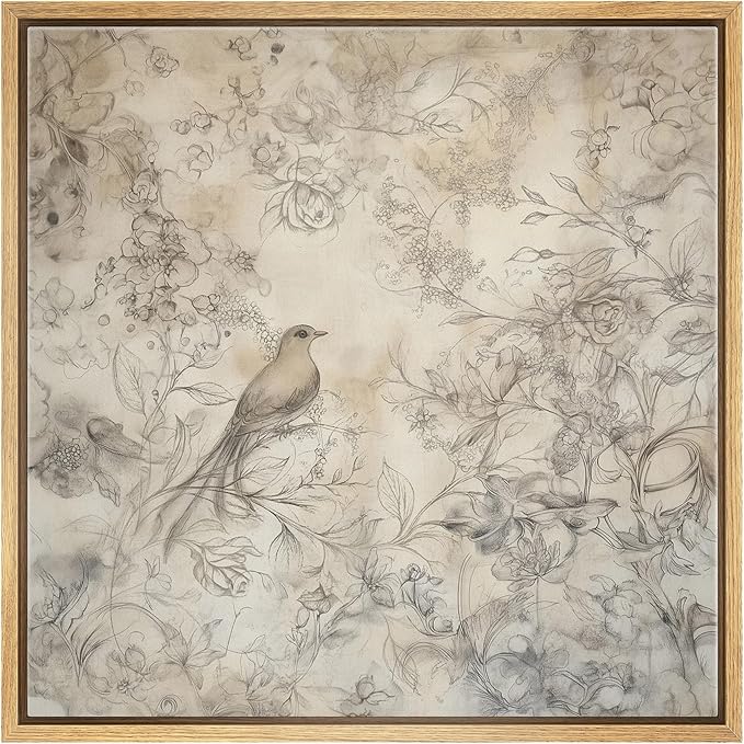 SIGNWIN Framed Canvas Print Wall Art Vintage Bird and Floral Sketch Delicate Pencil Drawing with Nature Elements Illustrations Decorative Relax/Zen for Living Room, Bedroom, Office - 16"x16" Natural