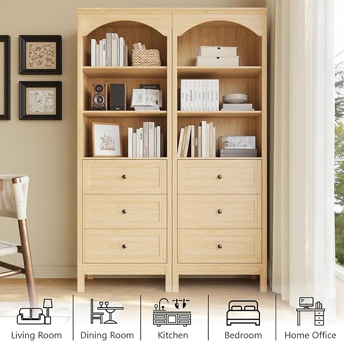 71" H Tall Bookshelf with Drawers, Farmhouse Book Shelf with 3-Tier Open Shelves, Wooden Bookcase with Storage Drawers, Freestanding Bookshelves for Bedroom, Living Room, Natural Wood
