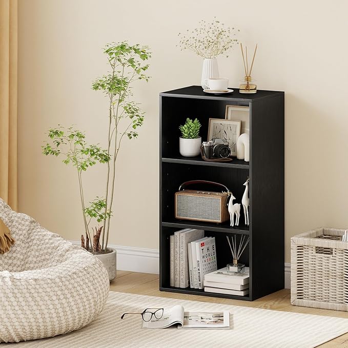 Giantex 3 Tier Bookshelf, Black Bookcase 3 Shelf, Open Cube Storage Orginazer Cabinet, Multi-Functional Home Office Bedroom Furniture Display Book Shelf