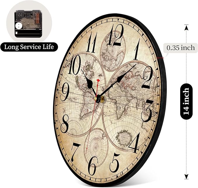 14 Inch Wooden Wall Clock Globe World Map Retro Vintage Rustic Wall Clocks Silent Non Ticking Clock Decorative for Kitchen Farmhouse Hotel