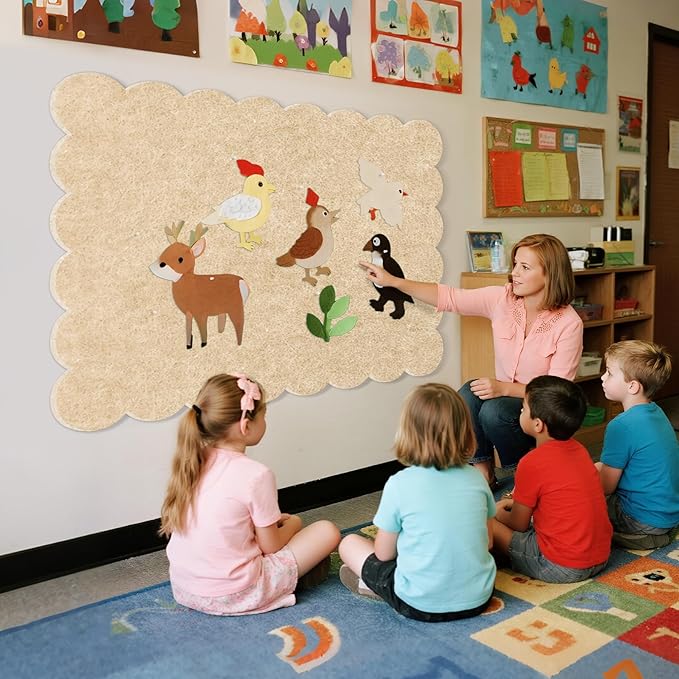Scalloped Bulletin Board, 48 x 36 Inches Felt Pin Board - Decorative Cork Alternative for Wall, Foldable Picture Self-Adhesive Vision Prayer Board with 20 Pushpins - Beige Brown