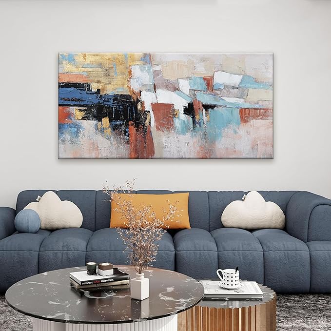 KUPTEU Canvas Wall Art Decor Large Wall Art For Living Room Abstract Art Blue Canvas Art Work Gold Wall Art Decor Colorful Abstract Wall Art Prints For Bedroom Office Kitchen Wall Decor 24" x 48"