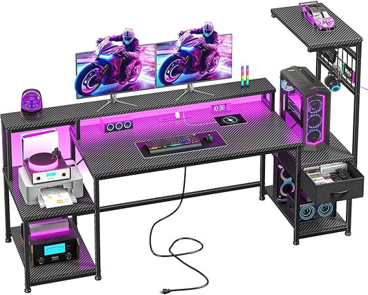 63" Gaming Desk with LED Lights & Outlets,Computer Desk with Drawers & Monitor Stand,Gaming Table with Storage Shelves & Printer Space for Game Room,Study Room,Home Office,Bedroom,Black