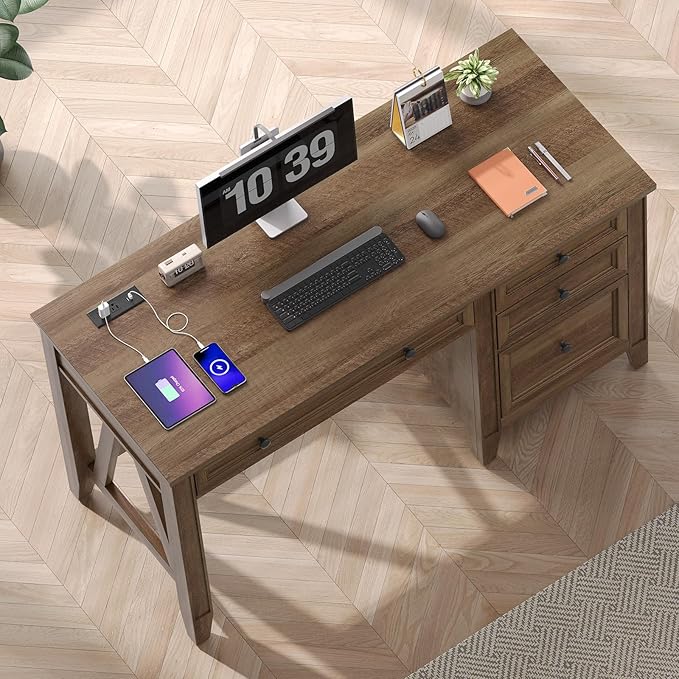 ONBRILL 54 Inch Farmhouse Executive Desk, Computer Desk with Storage Drawers & File Drawer, Modern Home Office Desk with Charging Station for Working, Studying, Writing, Brown (Brown)