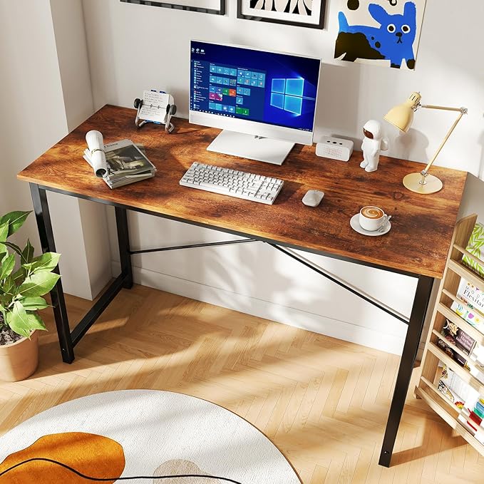 DUMOS 47 Inch Small Computer Desk for Home Office, Modern Study Work Table Simple Style for Bedroom, WritInchg Desks with X-Shaped ReInchforcement, Wood Brown