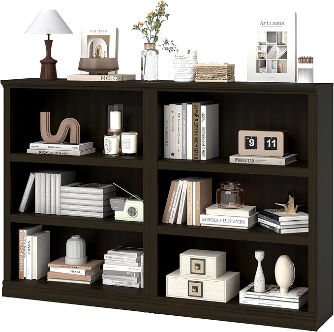 blini Wooden Bookshelf and Bookcase Set of 2, Cherry Wood Double Wide Large Bookshelves 3 Tier Bookshelf with Storage Cabinets for Living Room, Home Office, Library (Cherry Wood, 3-Shelf)