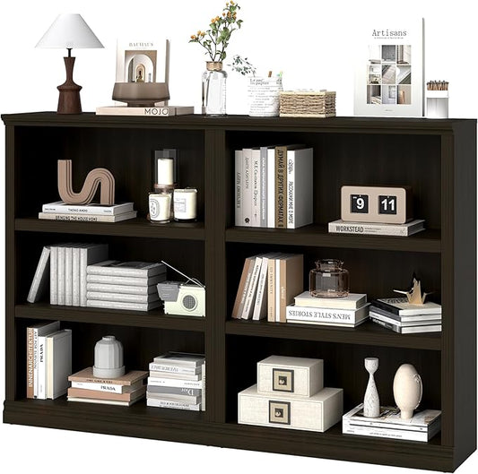 blini Wooden Bookshelf and Bookcase Set of 2, Cherry Wood Double Wide Large Bookshelves 3 Tier Bookshelf with Storage Cabinets for Living Room, Home Office, Library (Cherry Wood, 3-Shelf)