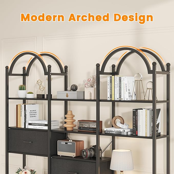 Semoic 83.5" Tall Arched Bookshelf, Triple Wide 6-Tier Large Open Book Shelf with 3 Drawers Storage, Etagere Bookcase with Display Shelf, Industrial Bookshelf with Metal Frame for Living Room, Black