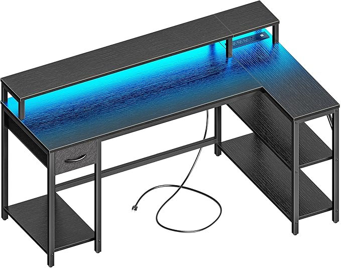 SUPERJARE 53 inch L Shaped Gaming Desk with LED Lights & Power Outlets, Reversible Computer Desk with Shelves & Monitor Stand, Corner Desk with Drawer, for Home & Office, Black